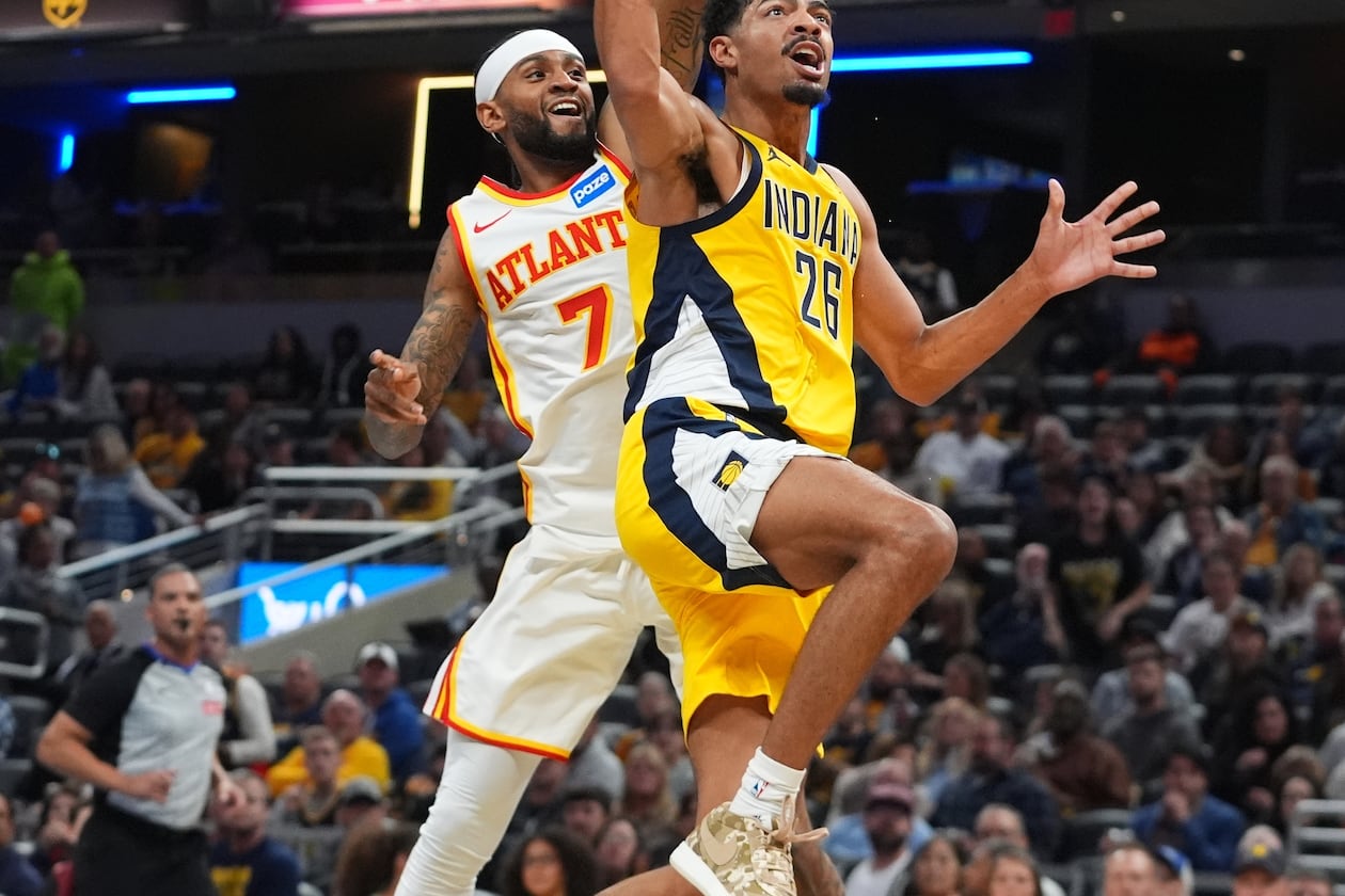 Atlanta Hawks' guard Nickeil Alexander-Walker had 21 points while Jalen Johnson added 22 points, 13 rebounds, eight assists, two steals and a block in a 128-108 win over the Pacers on Friday. (Darron Cummings/AP)