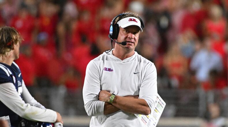 Mississippi coach Lane Kiffin walks the sideline during the second half the team's NCAA college football game against Georgia Tech in Oxford, Miss., Saturday, Sept. 16, 2023. (AP Photo/Thomas Graning)