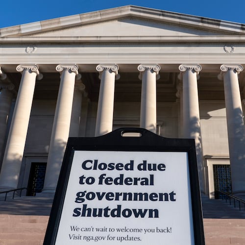 FILE - A sign that reads "Closed due to federal government shutdown," is seen outside of the National Gallery of Art on the 6th day of the government shutdown, in Washington, Oct. 6, 2025. (AP Photo/Jose Luis Magana, File)