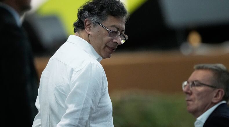Colombia's President Gustavo Petro looks on prior to a plenary session at the COP30 U.N. Climate Summit, in Belem, Brazil, Thursday, Nov. 6, 2025. (AP Photo/Eraldo Peres)