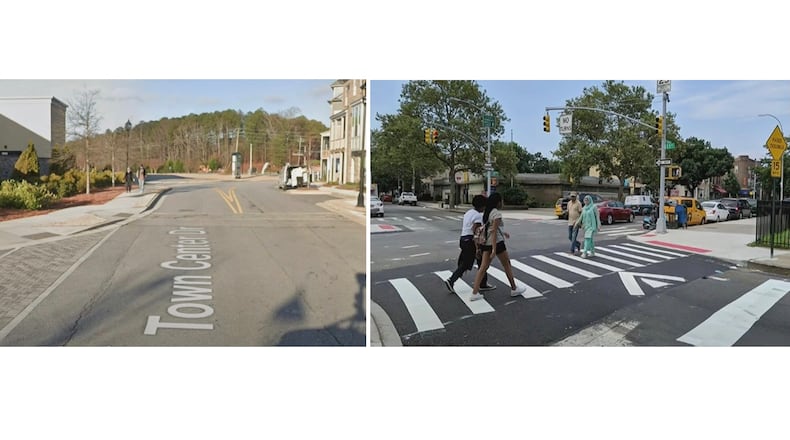 Peachtree Corners plans to create a raised crosswalk (like the one shown on the right) at the existing crosswalk between Sprouts and the townhomes on Town Center Drive to slow drivers. (Courtesy Peachtree Corners and Google)