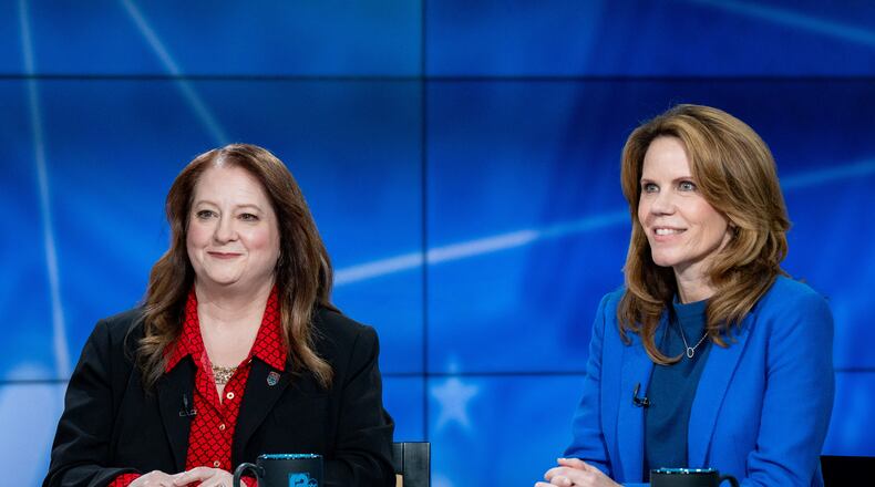 Wisconsin Supreme Court candidates, Court of Appeals Judges Maria Lazar, left, and Chris Taylor participate in the Wisconsin Supreme Court debate hosted by WISN 12 News on Thursday April 2, 2026, at WISN-TV in Milwaukee, Wis. (Jovanny Hernandez/Milwaukee Journal-Sentinel via AP, Pool)