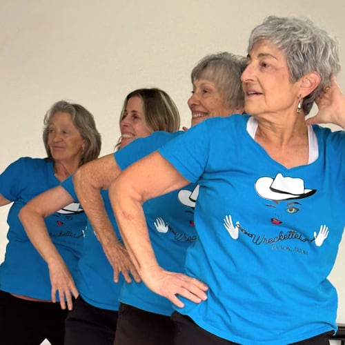 Gail Kowalski, from left, Suzy Rhoades, Carol Ross and Cindy Soffrin, of The Rodeo City Wreckettes, a tap and jazz dance group for older women, practice on Thursday, April 16, 2026, in Tucson, Ariz. (Anita Snow via AP)