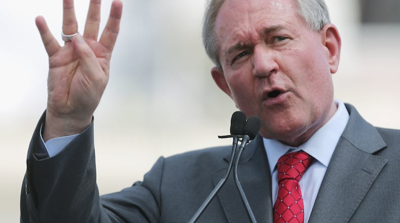 Republican presidential candidate Jim Gilmore addresses a rally against the Iran nuclear deal on the West Lawn of the U.S. Capitol September 9, 2015 in Washington, DC. Thousands of people gathered for the rally, organized by the Tea Party Patriots, which featured conservative pundits and politicians. (Photo by Chip Somodevilla/Getty Images)