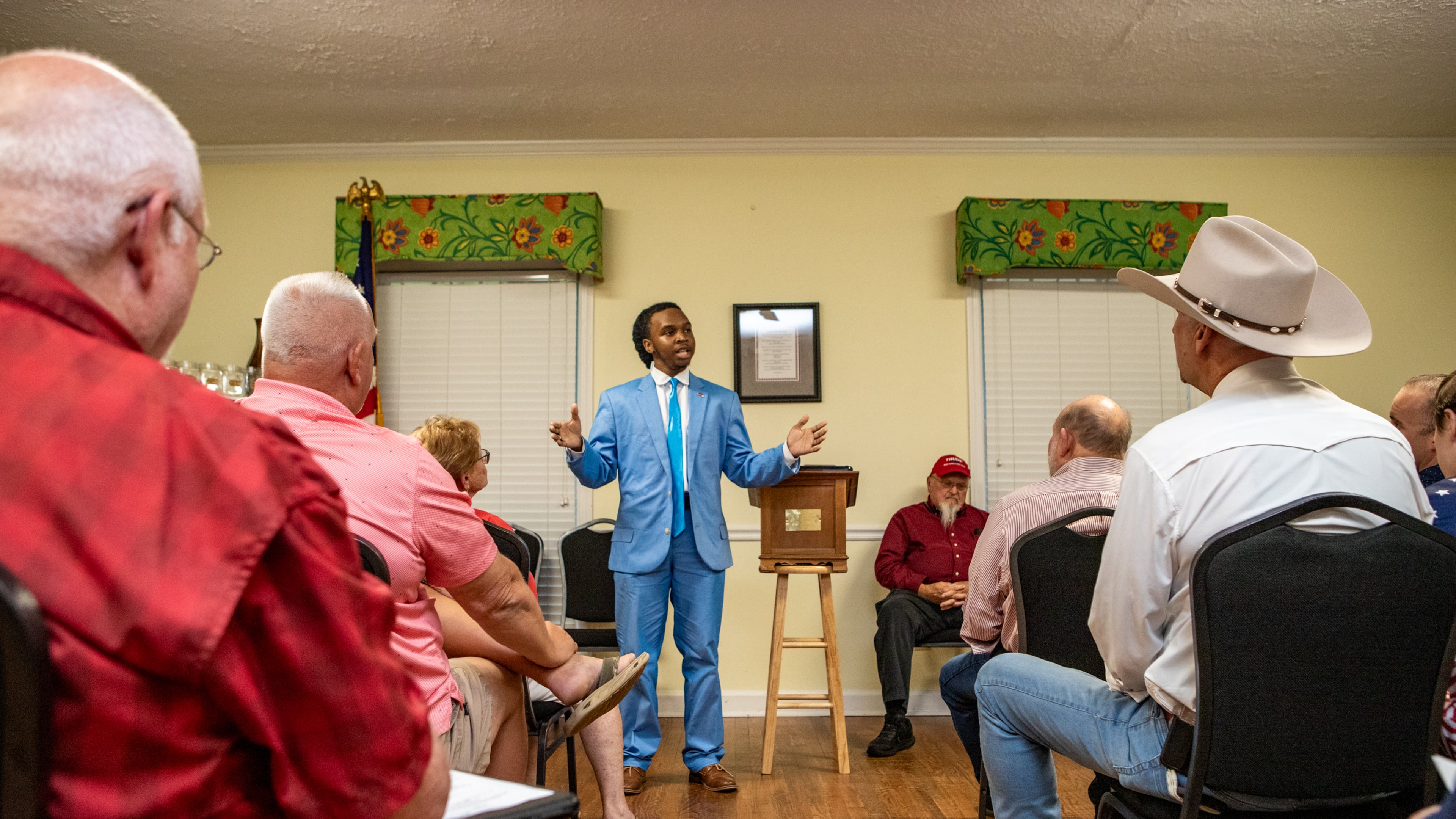 Ja'Quon Stembridge is the guest speaker at a Henry County Republican Party meeting on Tuesday, July 1, 2025. Stembridge is an 18-year-old college student who recently was elected as the assistant secretary of the Georgia GOP. (Jenni Girtman for the AJC)