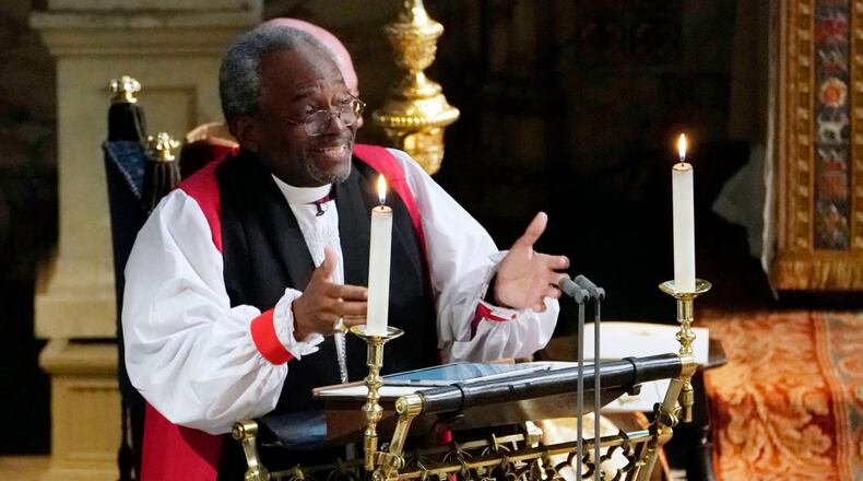 The Most Rev Bishop Michael Curry, primate of the Episcopal Church, gives an address during the wedding of Prince Harry and Meghan Markle in St George's Chapel at Windsor Castle on May 19, 2018 in Windsor, England.
