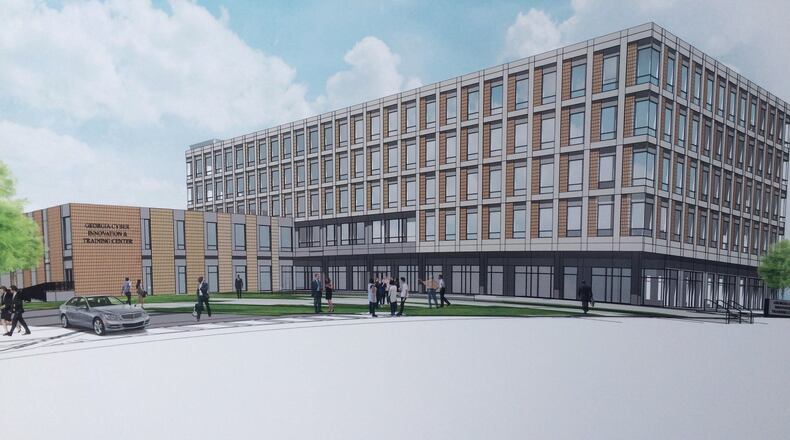 A rendering of the future Georgia Cyber Innovation and Training Center in downtown Augusta. The $60 million facility, part of Augusta University’s downtown riverfront campus, will merge private and public sector cyber security research and help train future generations of information security workers.