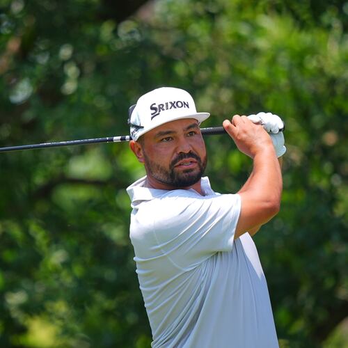 J.J. Spaun watches his tee shot on the ninth hole during the first round of the Charles Schwab Challenge golf tournament at Colonial Country Club in Fort Worth, Texas, Thursday, May 28, 2026. (AP Photo/LM Otero)