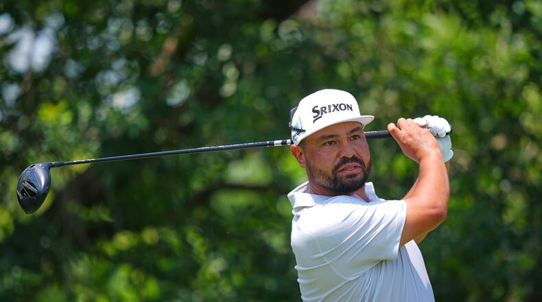 J.J. Spaun watches his tee shot on the ninth hole during the first round of the Charles Schwab Challenge golf tournament at Colonial Country Club in Fort Worth, Texas, Thursday, May 28, 2026. (AP Photo/LM Otero)