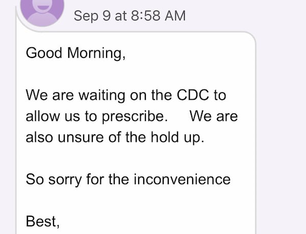 A direct message from a nurse at Anne Goyette's primary care doctor's office at Wellstar Health System was one in a chain preventing her from getting the COVID-19 booster shot even though she is eligible and her pharmacy has it. She eventually got it at walk-in clinic. (Courtesy of Anne Goyette)