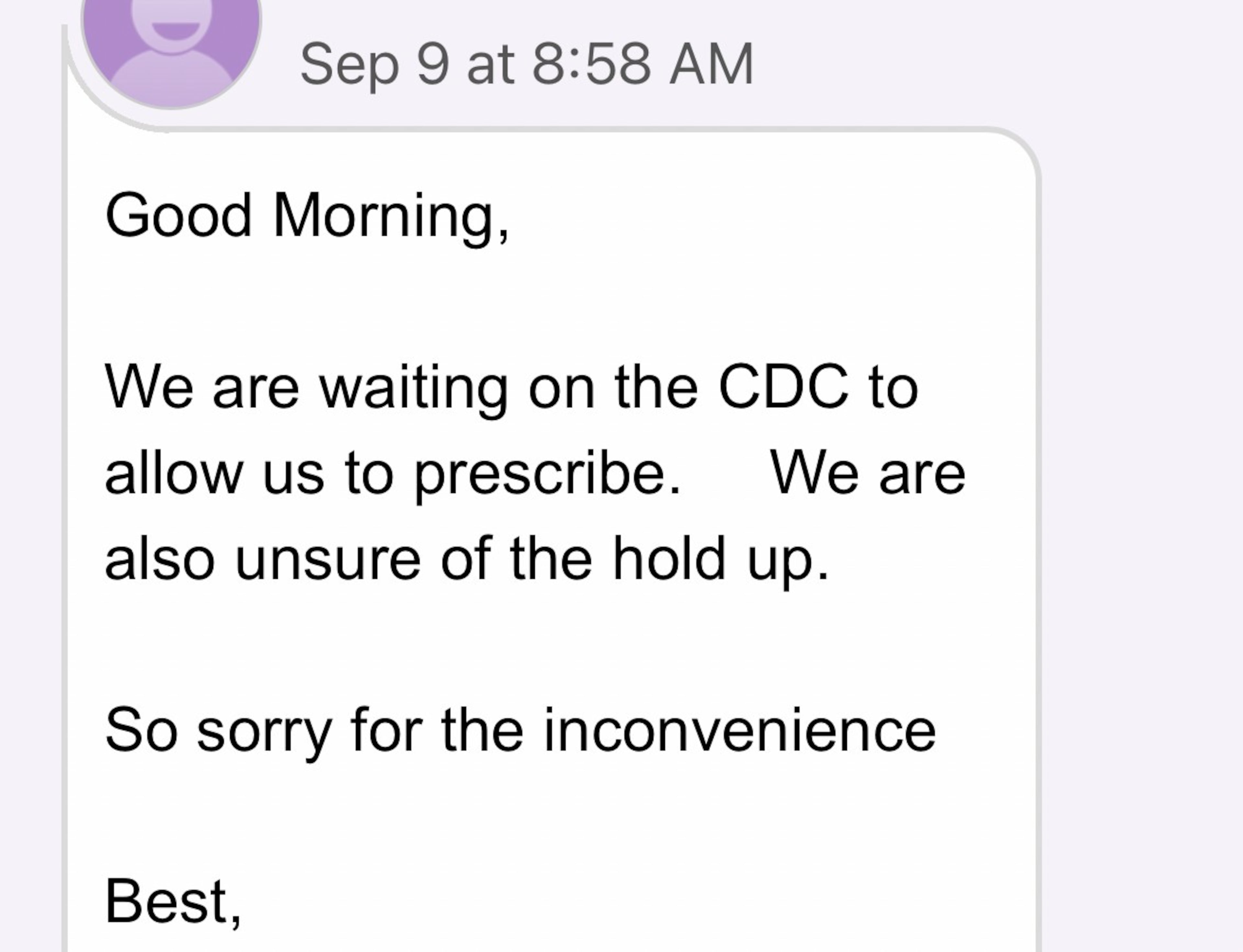 A direct message from a nurse at Anne Goyette's primary care doctor's office at Wellstar Health System was one in a chain preventing her from getting the COVID-19 booster shot even though she is eligible and her pharmacy has it. She eventually got it at walk-in clinic. (Courtesy of Anne Goyette)