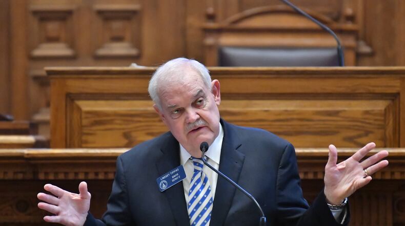 Sen. Lindsey Tippins, R-Marietta, speaks in the Senate Chambers at the Georgia State Capitol on Feb. 24. He authored Senate Bill 498, which would change the way schools are accredited. (Hyosub Shin / Hyosub.Shin@ajc.com)