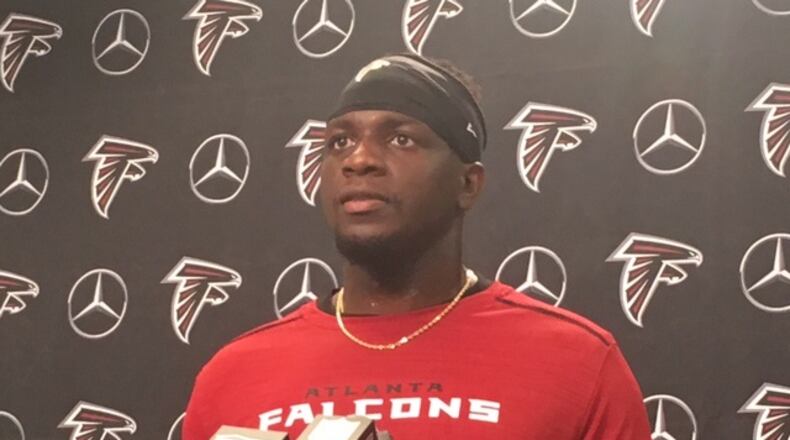 Falcons wide receiver Mohamed Sanu talking to the media on Tuesday, May 9, 2017. (D. Orlando Ledbetter/dledbetter@ajc.com)