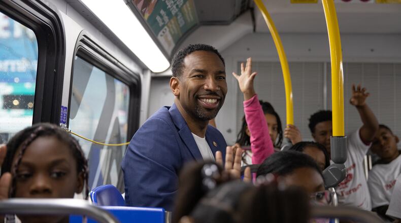 Atlanta Mayor Andrew Dickens rides a MARTA bus through the city of Atlanta with elementary schools students as part of a celebration of reading on Feb. 2, 2023. (Riley Bunch/riley.bunch@ajc.com)