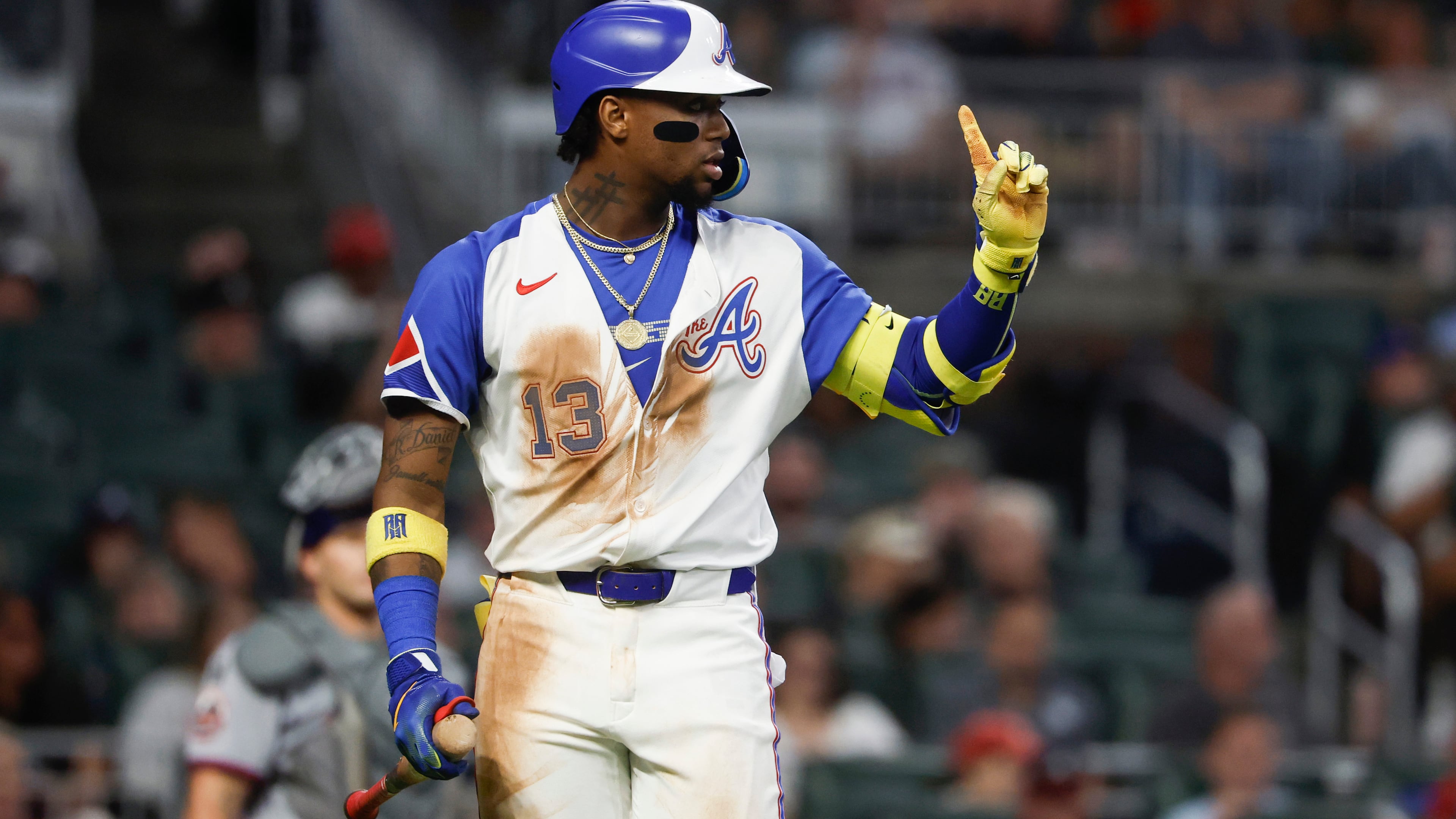 Atlanta Braves' Ronald Acuña Jr. reacts after New York Mets shortstop Francisco Lindor catches his hit for the out during the sixth inning of a baseball game, Saturday, Aug. 23, 2025, in Atlanta. (Butch Dill/AP)