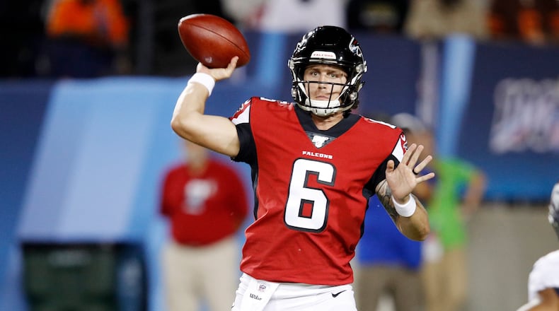 Kurt Benkert #6 of the Atlanta Falcons throws a pass in the first half of a preseason game against the Denver Broncos at Tom Benson Hall Of Fame Stadium on August 1, 2019 in Canton, Ohio. (Photo by Joe Robbins/Getty Images)