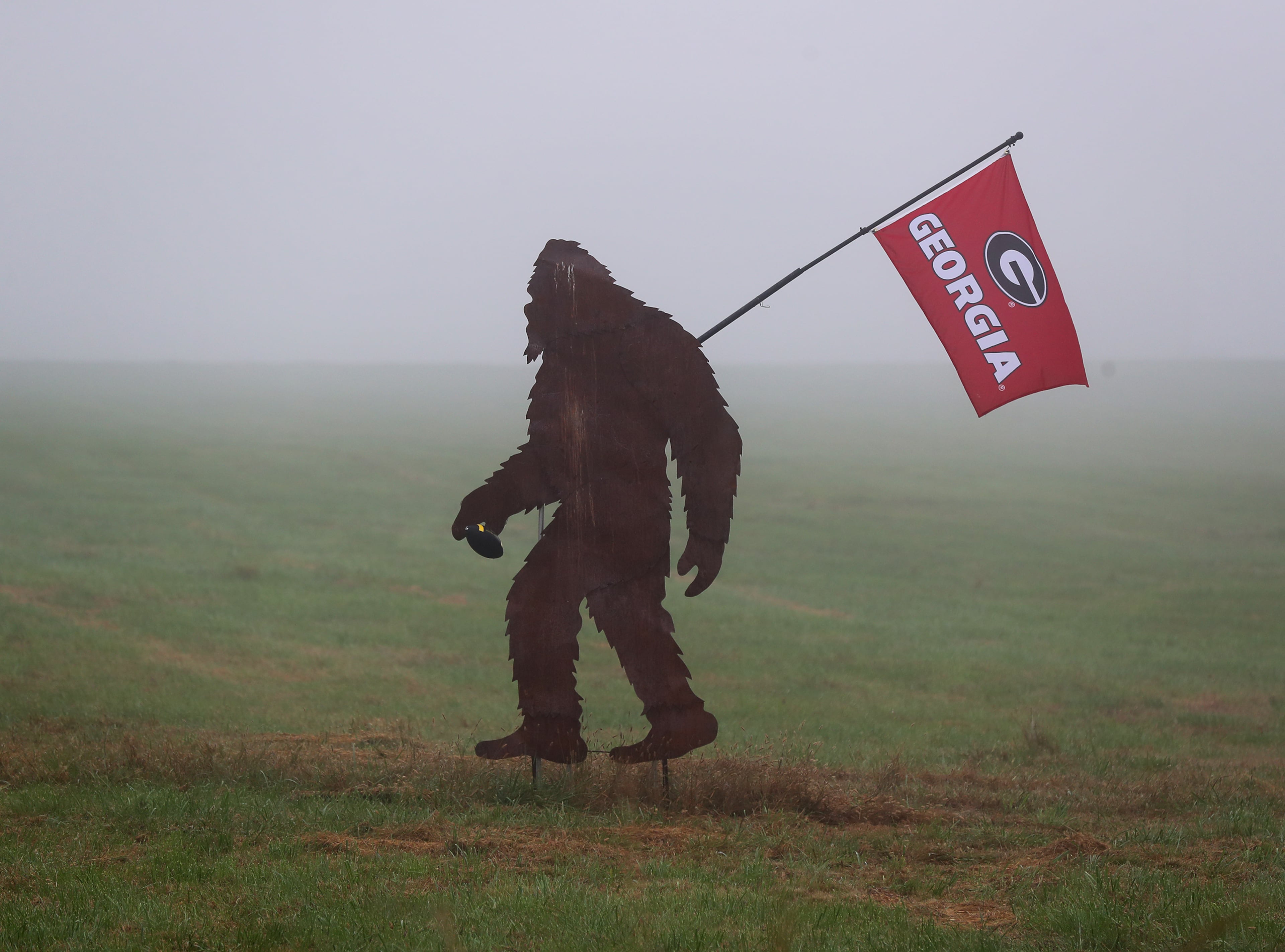 A cutout image in a farmer's field near Athens showed Bigfoot, also commonly referred to as Sasquatch, as a Georgia football fan before a game in 2021.