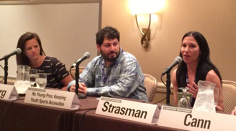 From left, moderator Danielle Elliot of Vice Sports, Jeremy Goldberg of LeagueApps and Lisa Strasman of NCSA Athletic Recruiting discuss the pitfalls of the youth sports setup in the United States at the “No Young Pros: Keeping Youth Sports Accessible” panel at SXSW on Sunday.
