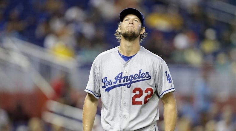2-time reigning Cy Young Award winner Clayton Kershaw has put up relatively pedestrian statistics this season. He faces the Braves and Julio Teheran tonight. (AP photo)
