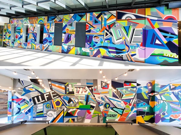 Kevin Bongang's mural for a building at Peachtree and 26th streets is filled with geometric forms inspired by its architecture. (Courtesy of Arthur Rudick)