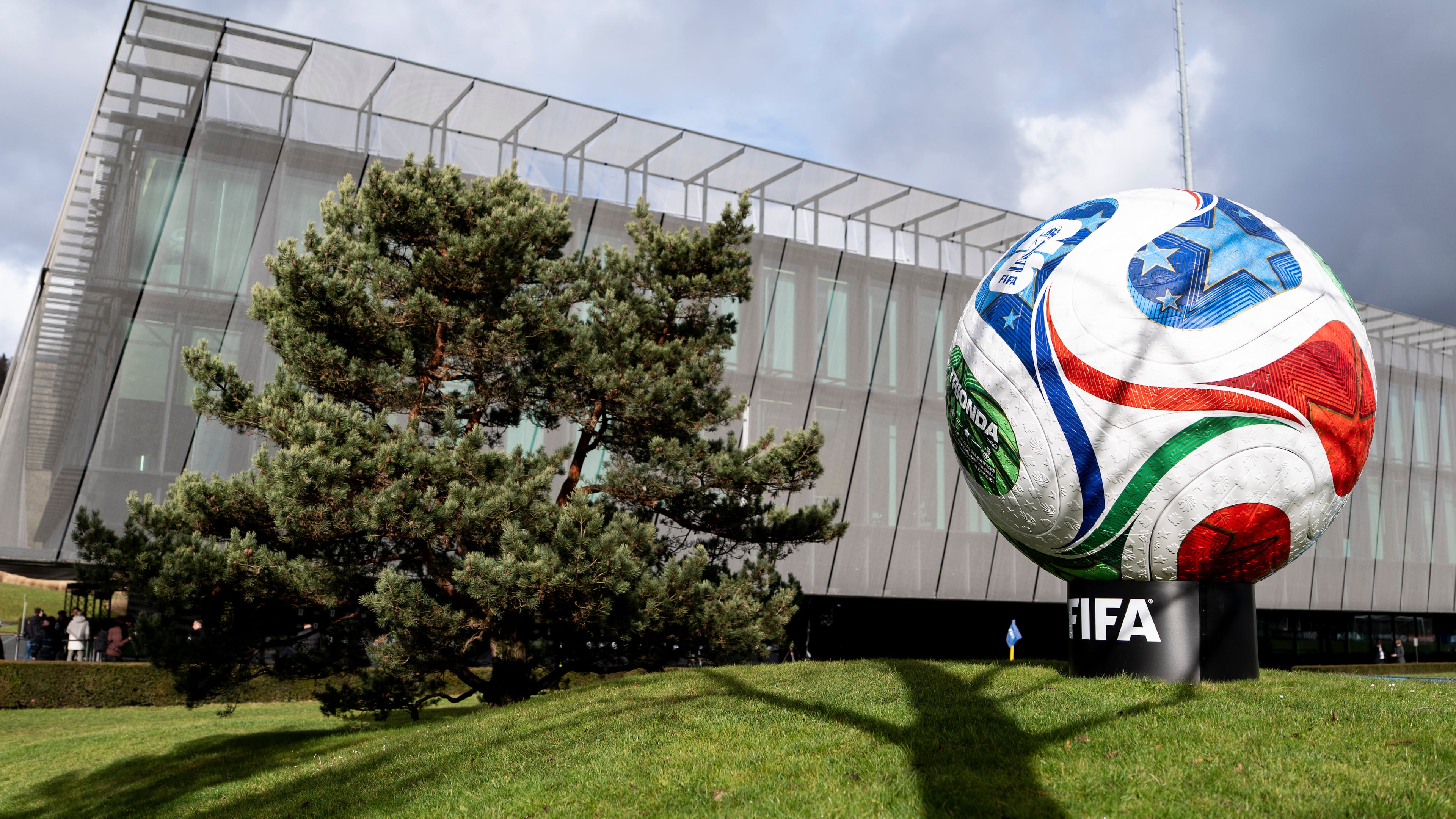 Trionda, a giant replica of the official ball for the FIFA Wold Cup 2026 is displayed in Zurich, Switzerland, Thursday, Nov. 20, 2025. (Claudio Thoma/Keystone via AP)