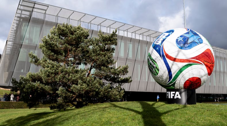 Trionda, a giant replica of the official ball for the FIFA Wold Cup 2026 is displayed in Zurich, Switzerland, Thursday, Nov. 20, 2025. (Claudio Thoma/Keystone via AP)