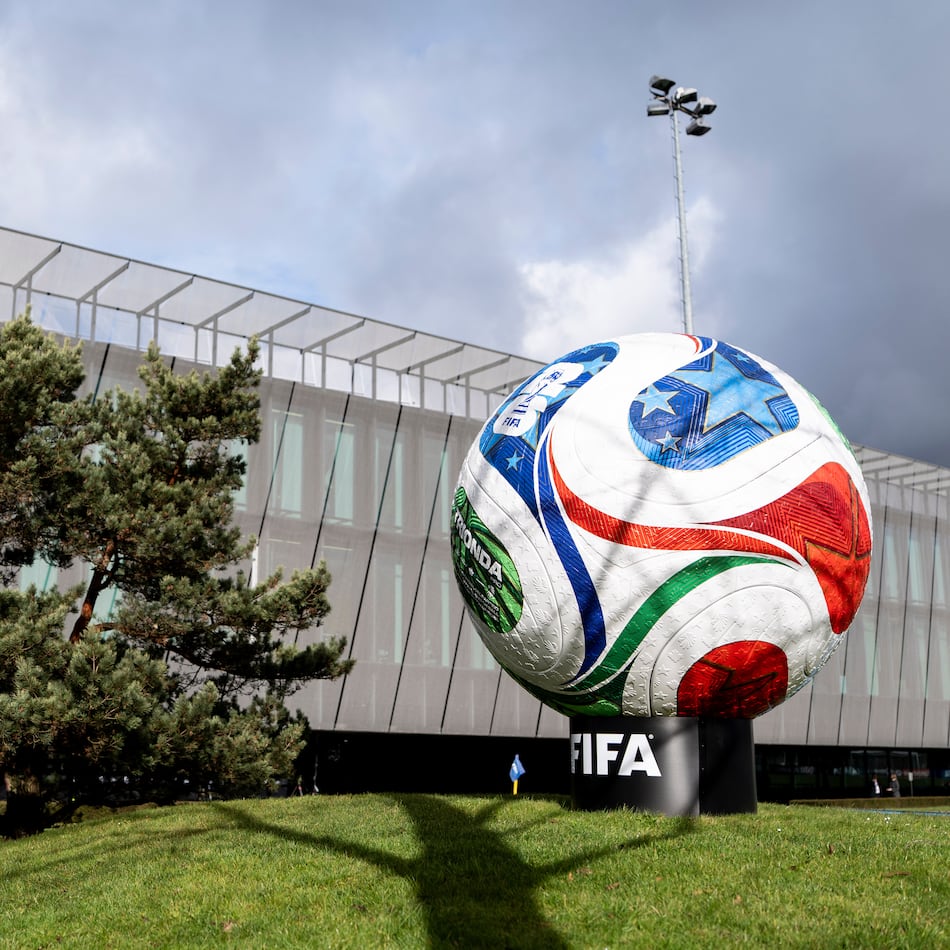 Trionda, a giant replica of the official ball for the FIFA Wold Cup 2026 is displayed in Zurich, Switzerland, Thursday, Nov. 20, 2025. (Claudio Thoma/Keystone via AP)
