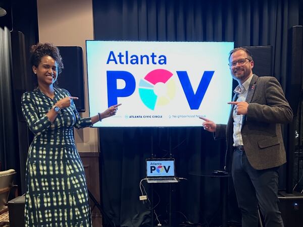 Saba Long (left) with Tommy Pierce, the executive director of Neighborhood Nexus, at the launch of Atlanta POV. (Courtesy of Saba Long)
