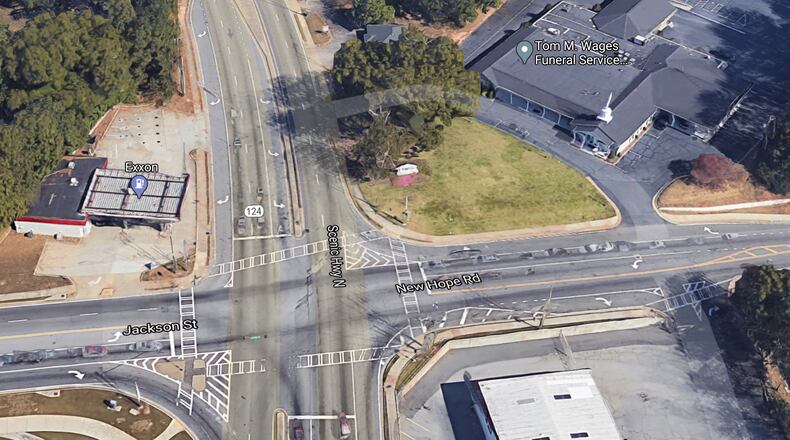 Intersection improvements are planned for Ga. 124/Scenic Highway at Jackson Street/New Hope Road in Lawrenceville. (Google Maps)