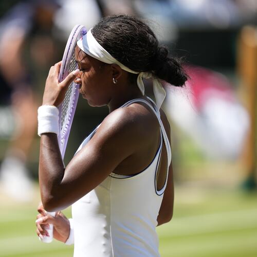 Coco Gauff of the United States reacts after losing a point against Karolina Muchova of the Czech Republic in their semifinal women's singles match at the Wimbledon Tennis Championships in London, Thursday, July 9, 2026. (AP Photo/Kirsty Wigglesworth)