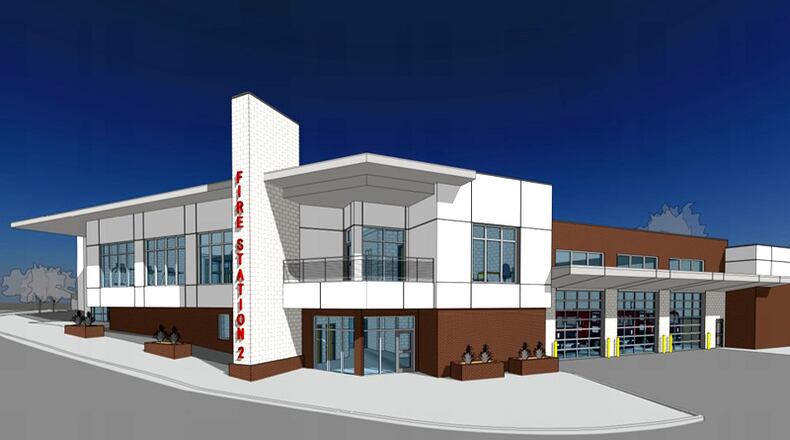 Artist’s rendering depicts the new Fire Station 2 being built for the Sandy Springs Fire Department at Johnson Ferry Road and Sandy Springs Circle. It will replace a 1969 structure that will be razed, and crews will temporarily operate out of two other locations while the new firehouse is built. CITY OF SANDY SPRINGS