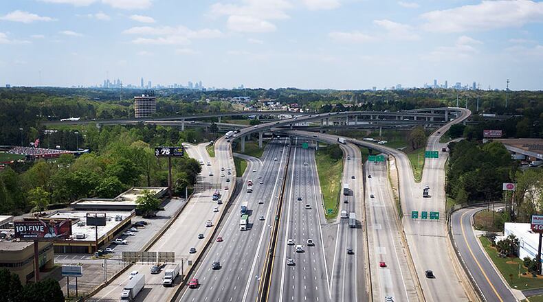 In April, traffic near Atlanta’s “Spaghetti Junction” was lighter after Gov. Brian Kemp declared a state of emergency on March 14. Less traffic on the roads and in the air may have contributed to a reduction in air pollution across metro Atlanta based on data from the European Space Agency’s Sentinel-5P satellite, which shows levels of nitrogen dioxide (NO2).