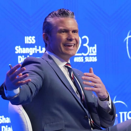 U.S. Defense Secretary Pete Hegseth gestures as he speaks during the Shangri-La Dialogue, Asia's annual defense and security forum, in Singapore, Saturday, May 30, 2026. (AP Photo/Achmad Ibrahim)
