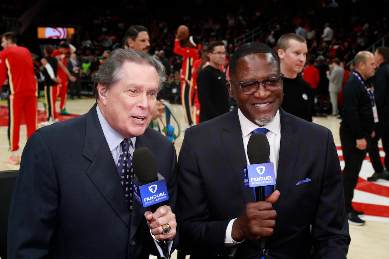 Bob Rathbun, Hawks play-by-play announcer, and analyst Dominique Wilkins, open the season as the FanDuel Sports Network broadcast team.