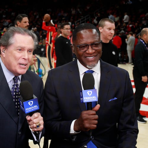 Bob Rathbun, Hawks play-by-play announcer, and analyst Dominique Wilkins, open the season as the FanDuel Sports Network broadcast team.