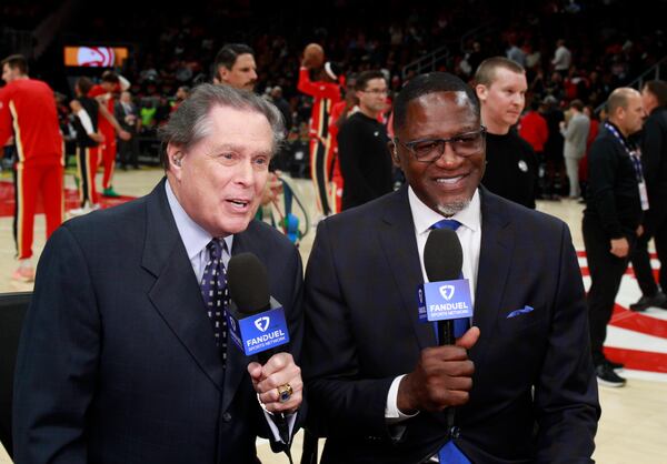 Bob Rathbun, Hawks play-by-play announcer, and analyst Dominique Wilkins, open the season as the FanDuel Sports Network broadcast team.