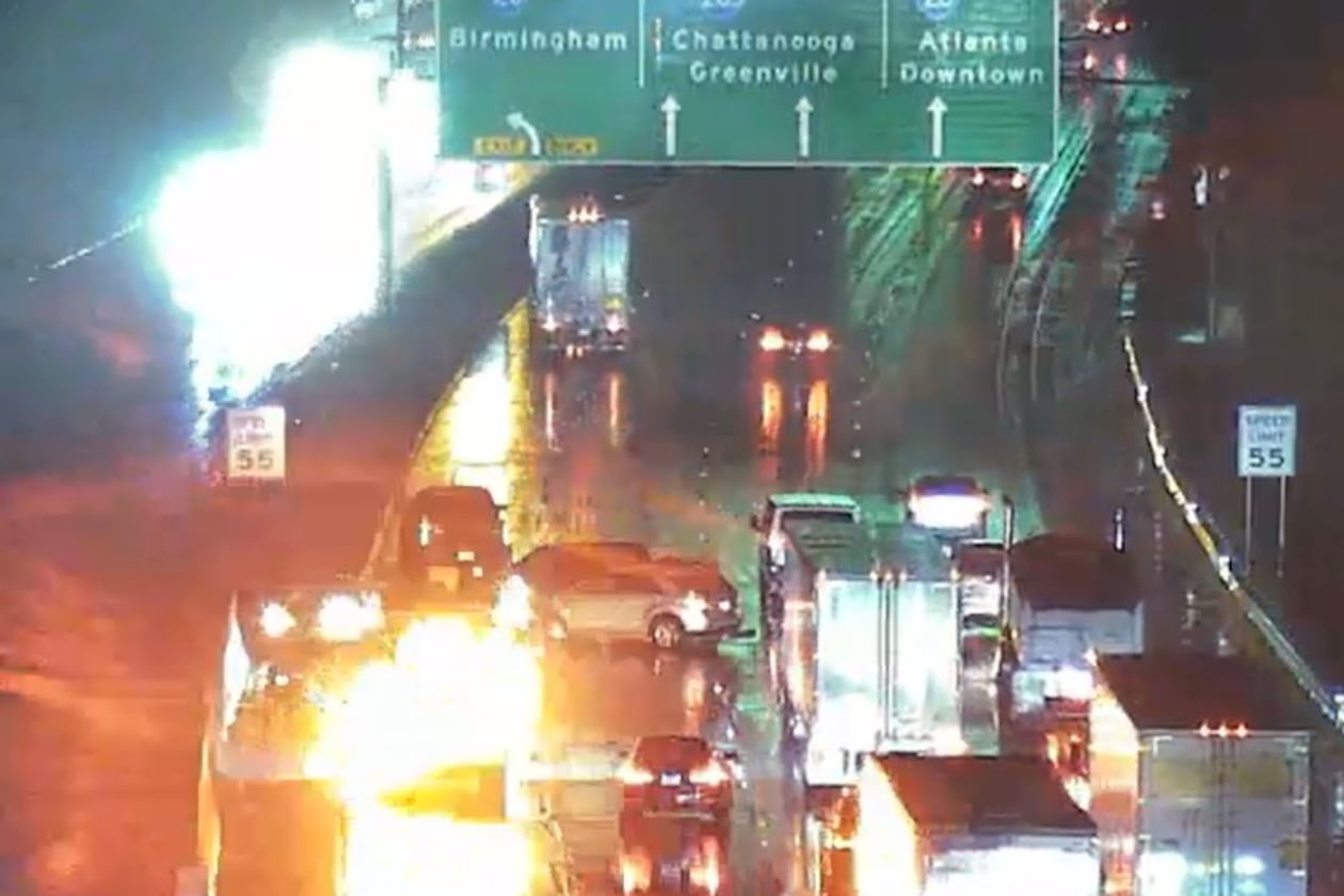 A spinout crash blocks lanes on I-285 North before the exit to I-20 West in Atlanta amid steady rain early Monday. Several crashes caused trouble for the morning commute. (Courtesy of Channel 2 Action News)