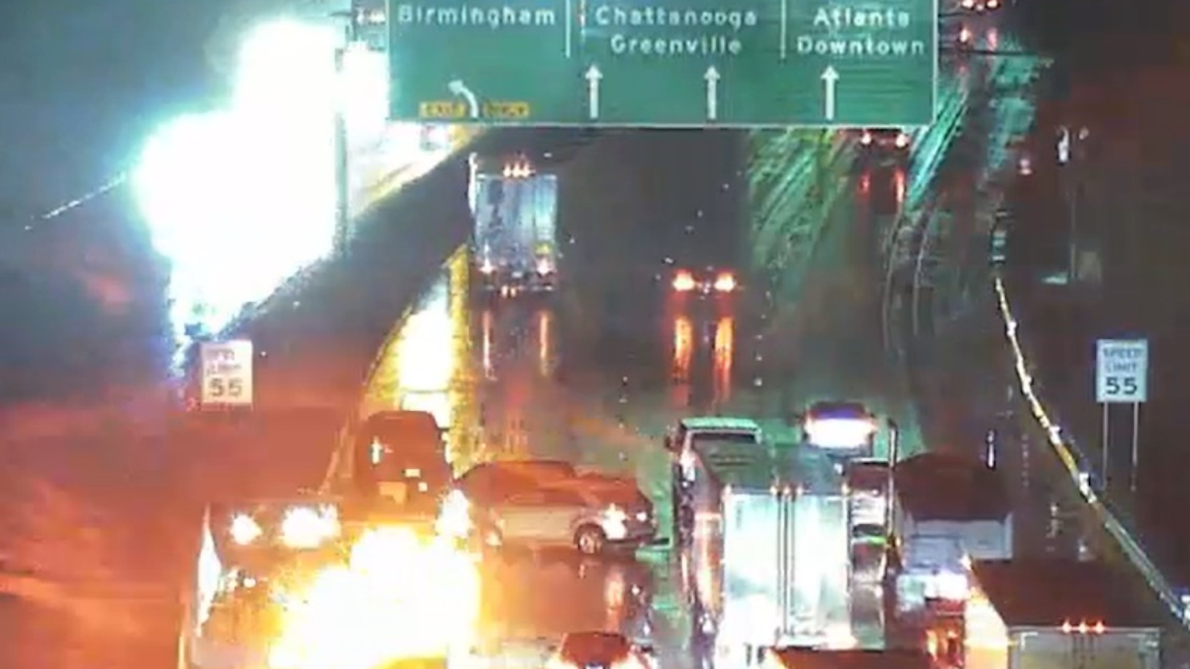A spinout crash blocks lanes on I-285 North before the exit to I-20 West in Atlanta amid steady rain early Monday. Several crashes have caused trouble for the morning commute. (Courtesy of Channel 2 Action News)