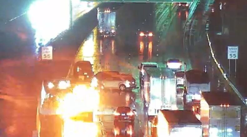 A spinout crash blocks lanes on I-285 North before the exit to I-20 West in Atlanta amid steady rain early Monday. Several crashes caused trouble for the morning commute. (Courtesy of Channel 2 Action News)