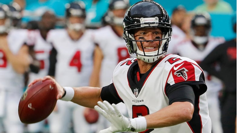 Matt Ryan of the Atlanta Falcons throws a first quarter touchdown pass against the Miami Dolphins in their preseason game at Hard Rock Stadium on August 10, 2017 in Miami Gardens, Florida. (Photo by Joe Skipper/Getty Images)