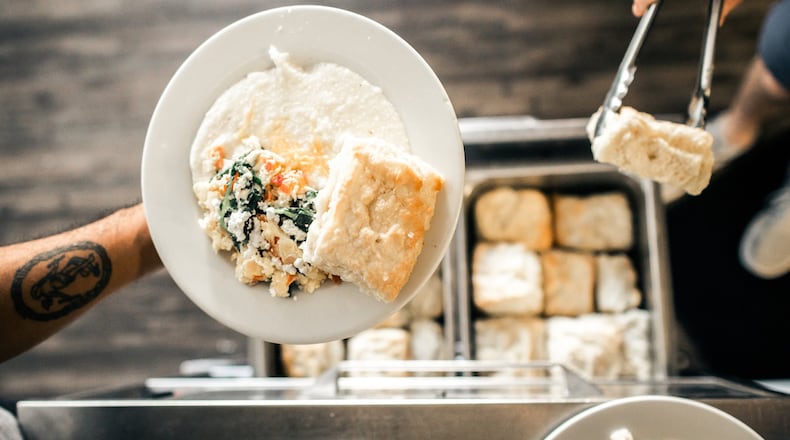 The vegetable and egg scrambler at Mama’s Boy in Athens, served with cheese grits and a biscuit.