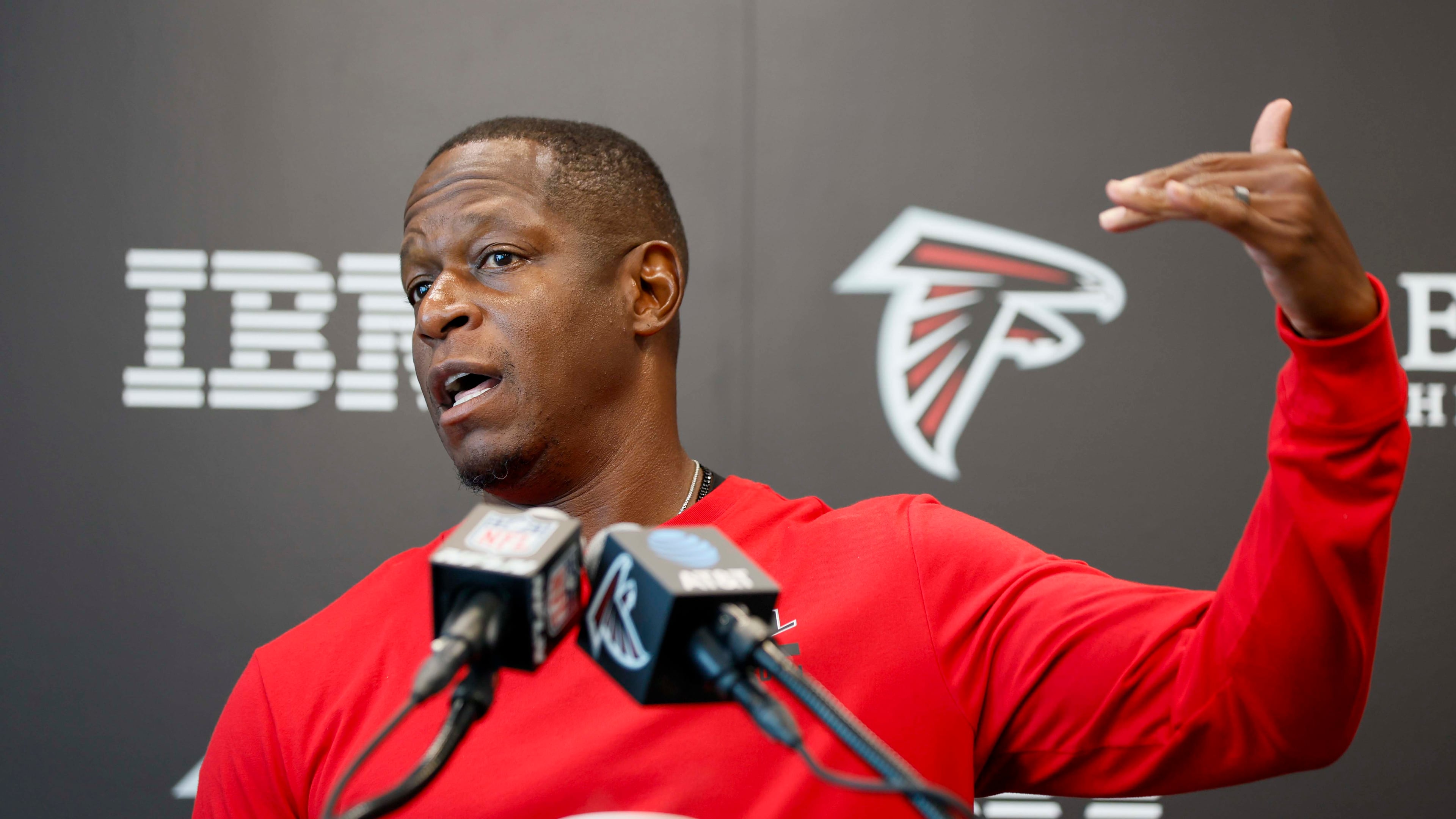 Raheem Morris, speaking to the press just before a joint practice with the Tennessee Titans last month, is set to enter his second season as the head coach of the Atlanta Falcons. (Miguel Martinez/AJC)