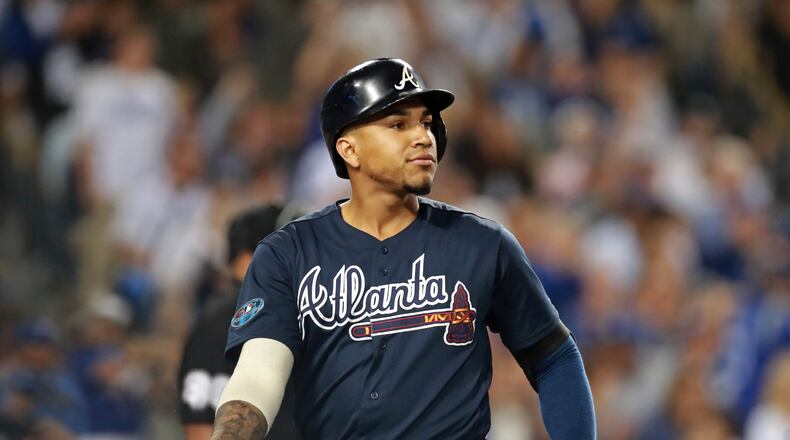 Braves third baseman Johan Camargo (17) reacts after striking out in the sixth inning against the Los Angeles Dodgers during Game One of the NLDS Thursday, October 4, 2018, in Los Angeles, Ca. Curtis Compton/ccompton@ajc.com