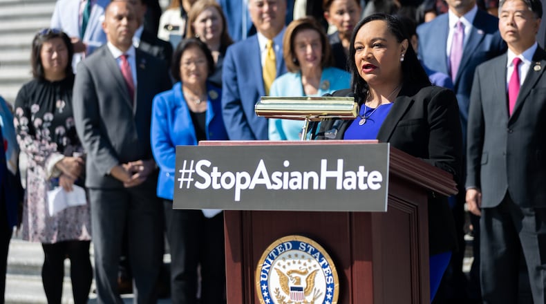 U.S. Rep. Nikema Williams, D-Atlanta, speaks Tuesday at an event in Washington marking the one-year anniversary of the Atlanta spa shootings.
