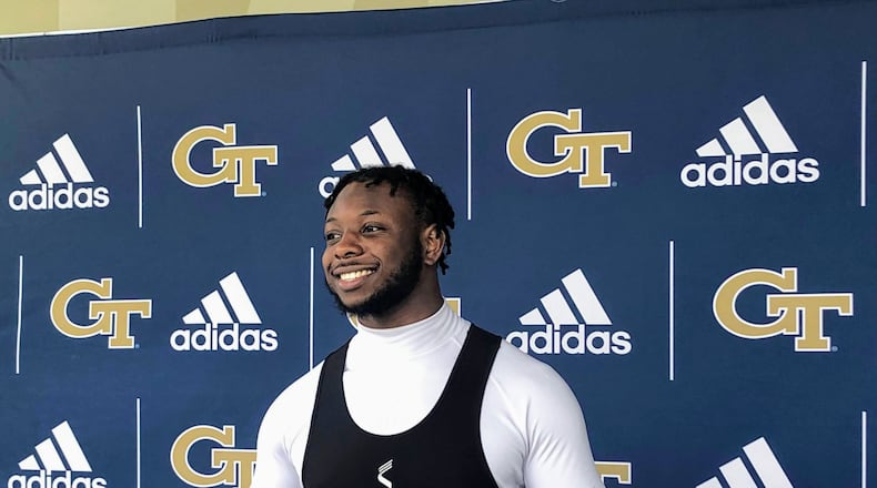 Georgia Tech running back Hassan Hall speaks with media at Bobby Dodd Stadium following spring practice March 11, 2022. (AJC photo by Ken Sugiura)