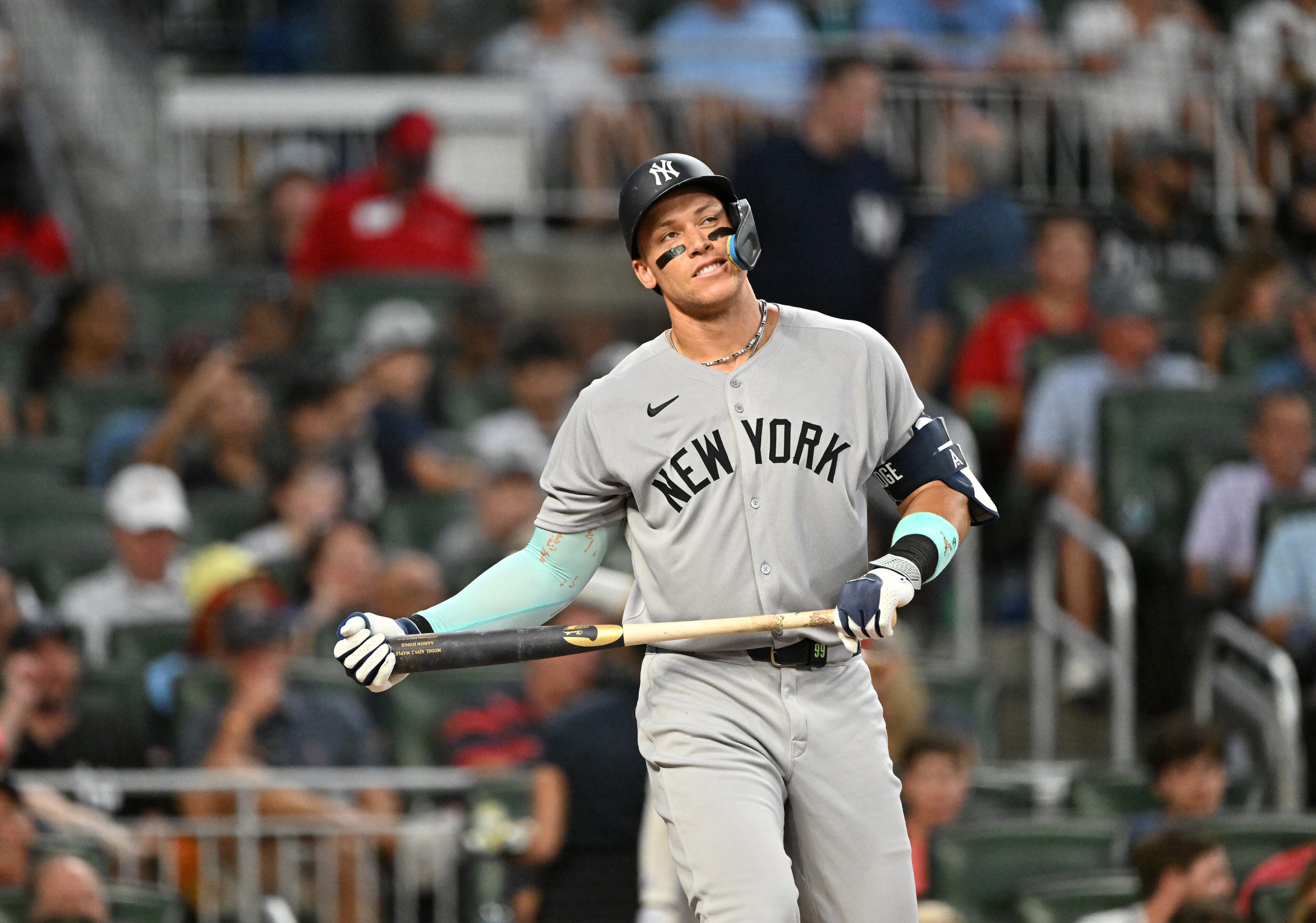 New York Yankees outfielder Aaron Judge reacts after striking out during the sixth inning at Truist Park on Friday, July 18, 2025, in Atlanta. (Hyosub Shin/AJC)