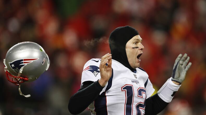 New England Patriots quarterback Tom Brady celebrates after defeating the Kansas City Chiefs in the AFC Championship NFL football game, Sunday, Jan. 20, 2019, in Kansas City, Mo.