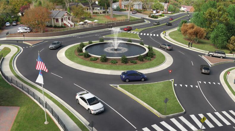 Artist’s rendering depicts a multi-lane roundabout that is part of Roswell’s Historic Gateway plan for Atlanta Street (Ga. 9). CITY OF ROSWELL
