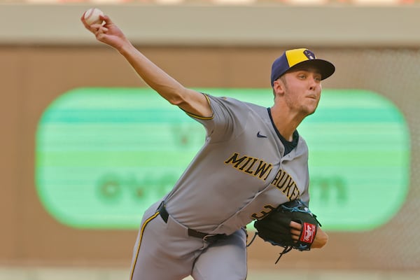 Milwaukee Brewers starting pitcher Jacob Misiorowski throws to the Minnesota Twins in the first inning of a baseball game Friday, June 20, 2025, in Minneapolis. (AP Photo/Bruce Kluckhohn)