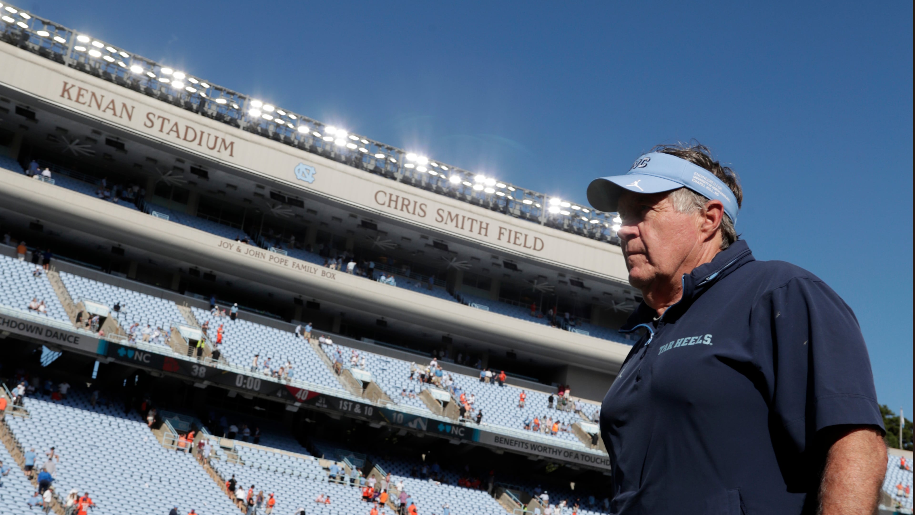 North Carolina coach Bill Belichick walks off the field after losing 38-10 to Clemson on Saturday, Oct. 4, 2025, in Chapel Hill, N.C. The Tar Heels are now 2-3, 0-1 in the ACC. (Chris Seward/AP)